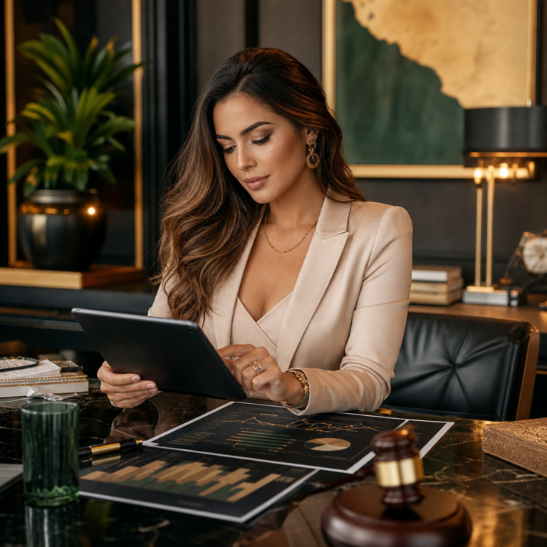 Mulher empreendedora analisando oportunidades em leilões digitais e investimentos patrimoniais